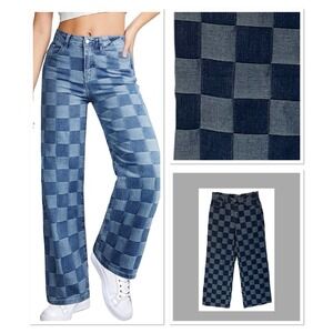 Sidefeel Womens Blue Checkered Patchwork Wide Leg Jeans Y2K Streetwear Hiphop 10